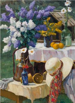Garden Still Life with Summer Hat and Lilacs - Helmut Gransow