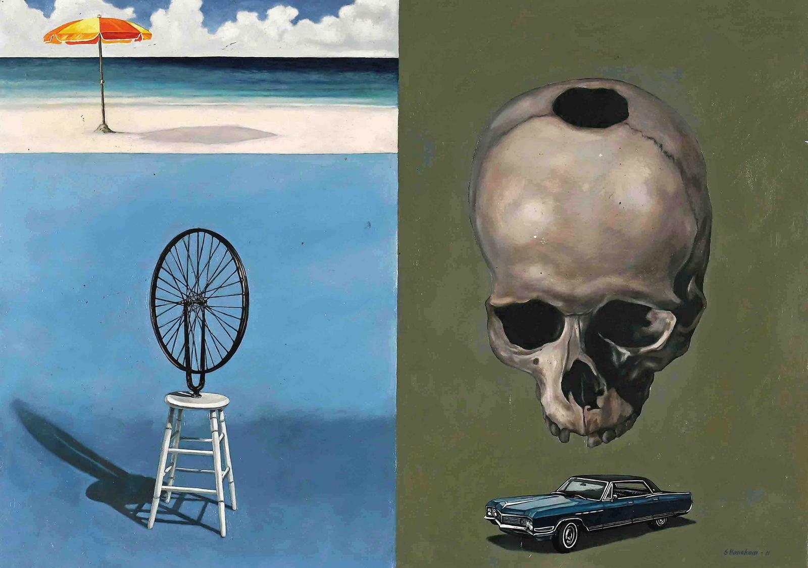 Artwork by Sandra Hanekom, Skull and Bicycle Wheel, Made of oil on board