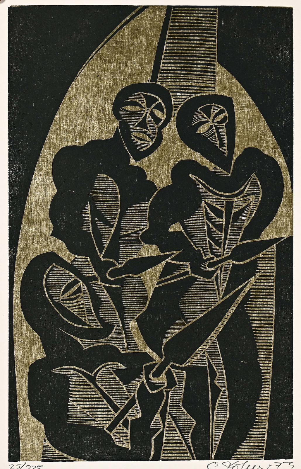 Mhlangane Dingane and Mbopa Lie in Wait (from the Assansination of Shaka portfolio) by Cecil Skotnes, 1973