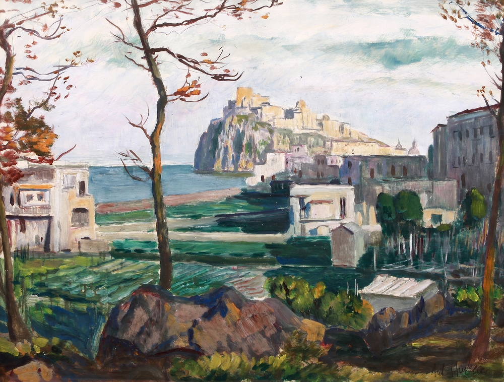 Artwork by Antonín Hudeček, ISCHIA - PONTE, ARAGONSKÝ HRAD (CASTELLO ARAGONESE), Made of Oil on cardboard