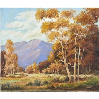A serene landscape painting featuring autumnal trees and a distant mountain under a soft sky.
