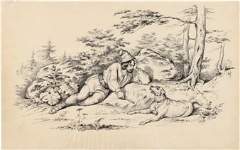 Ein lagernder Russe mit seinem Hund - Joseph Anton Rhomberg