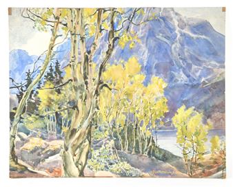Western mountain landscape with mountains and aspen - John Scott Williams