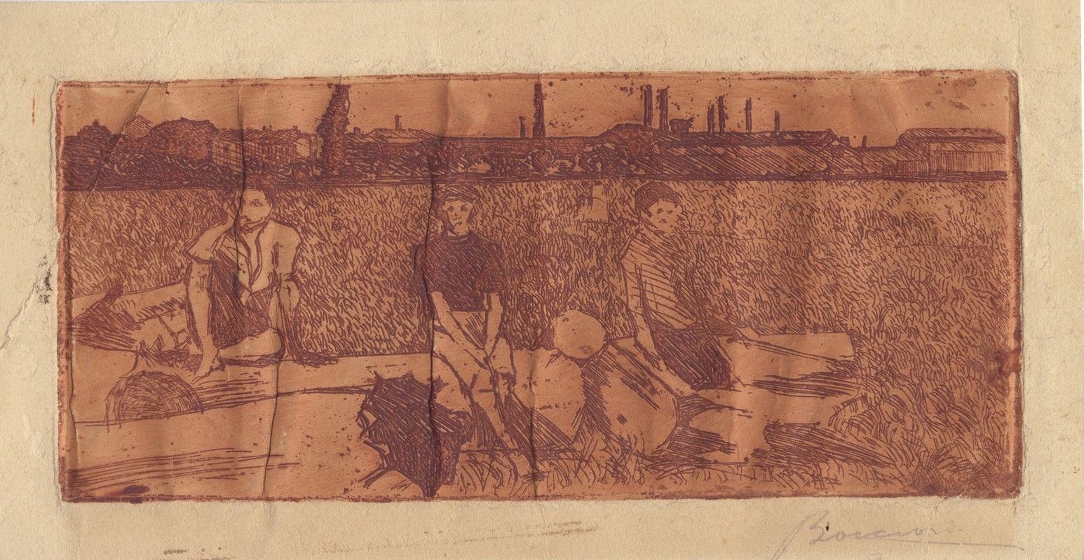 Artwork by Umberto Boccioni, PERIFERIA CON RAGAZZI, Made of Etching in red ink