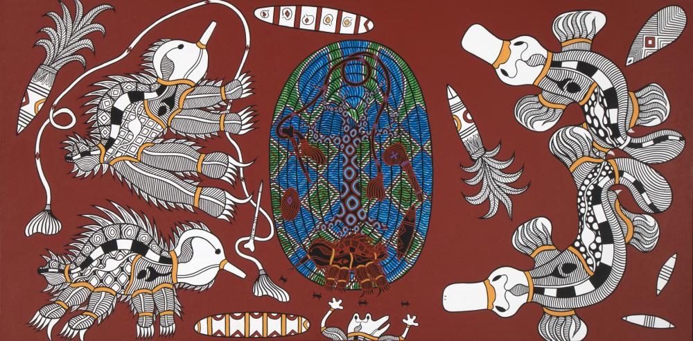 Artwork by Graham Rennie Biggibilla, Untitled (Aboriginal Creation Scene), Made of synthetic polymer paint on canvas