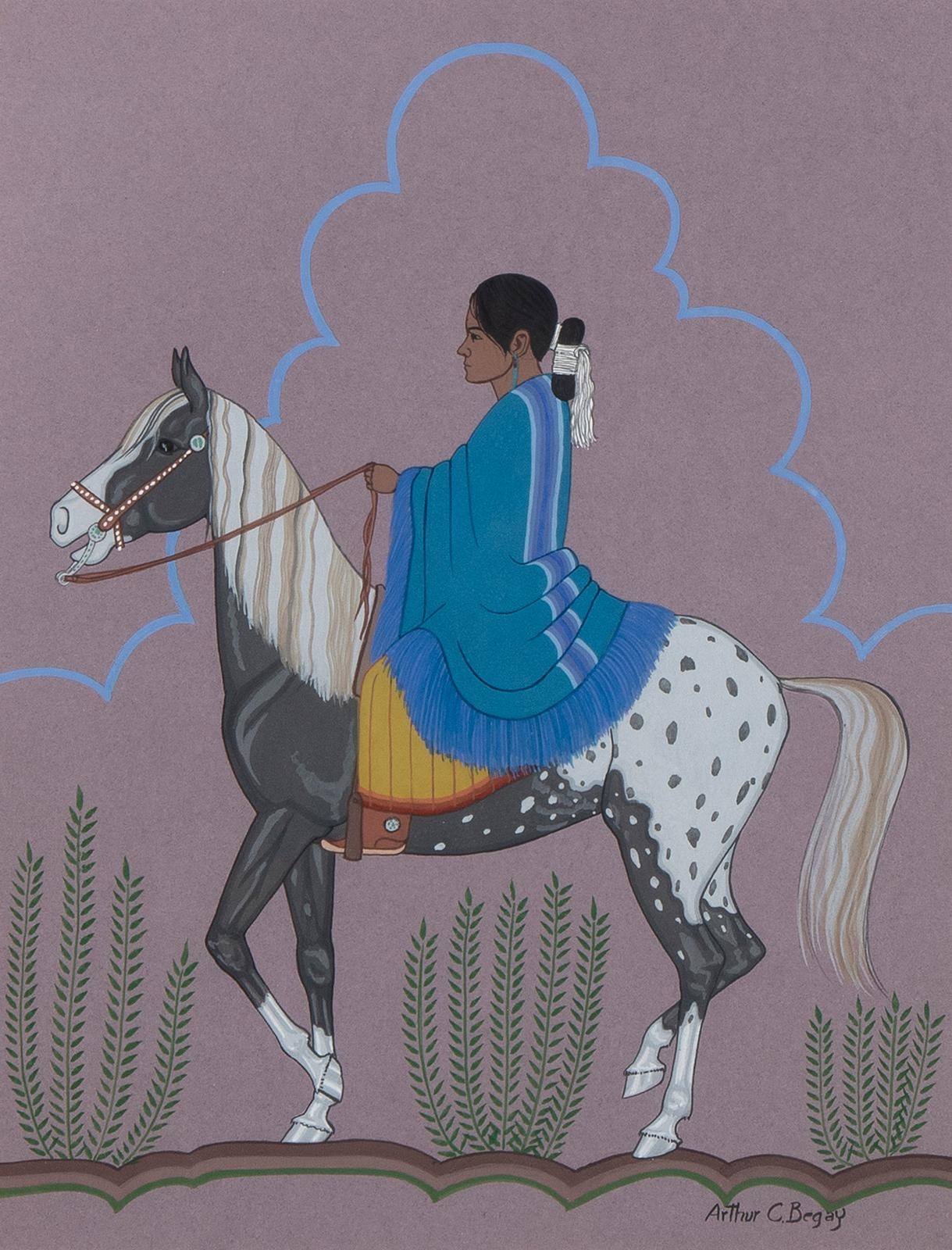 Artwork by Arthur C. Begay, Navajo Woman on Horse, Made of casein on paper