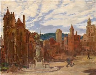 View of war-torn Stuttgart with the night watchman's fountain in front of the Leonhardskirche - Josef Arpád Kubass