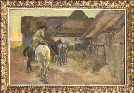 Arrival of horsemen at a farmstead in the evening light by Robert Von Haug, 1903