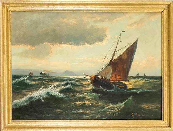 Ships off the coast in the evening light by Adolf Rheinert