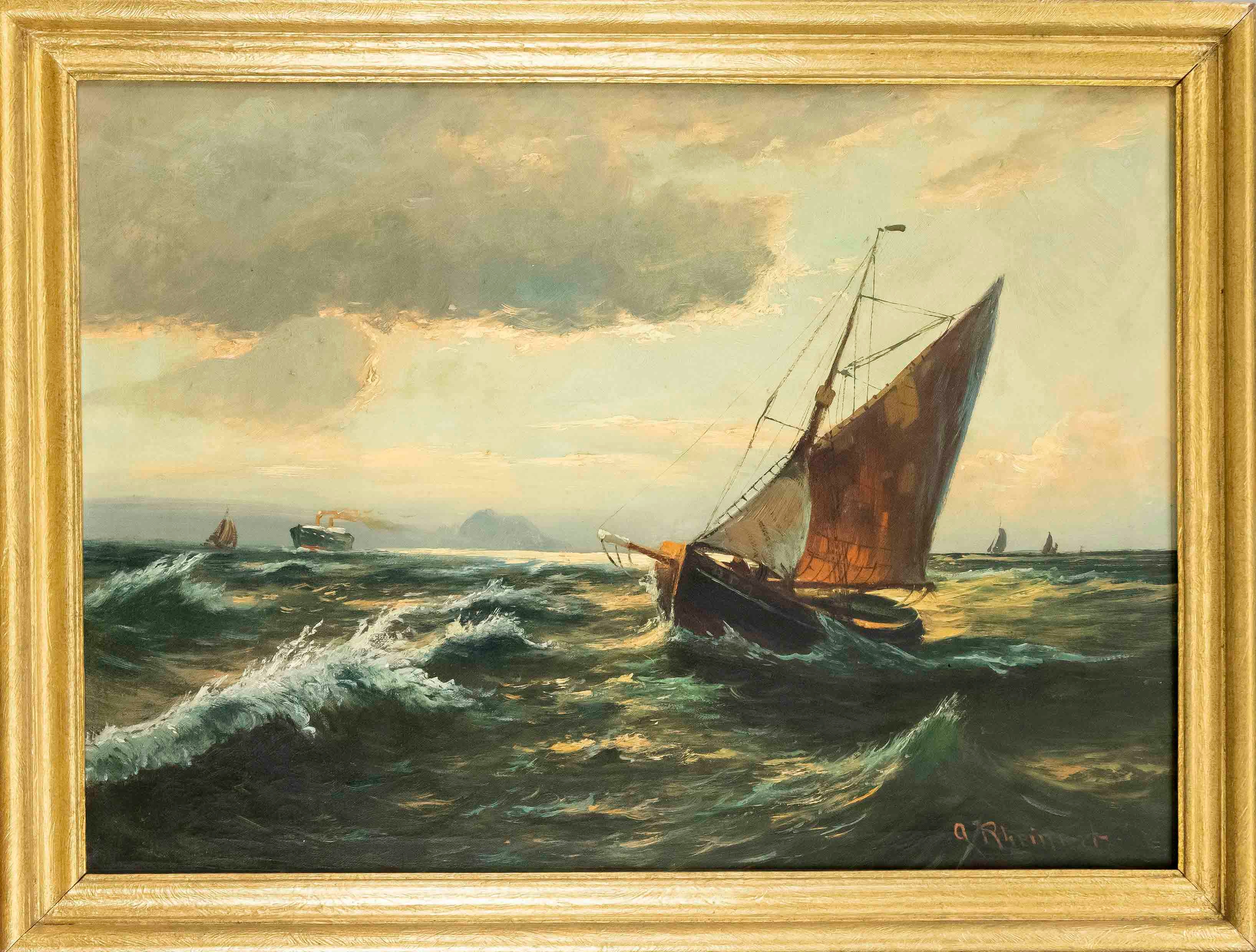 Artwork by Adolf Rheinert, Ships off the coast in the evening light, Made of oil on canvas