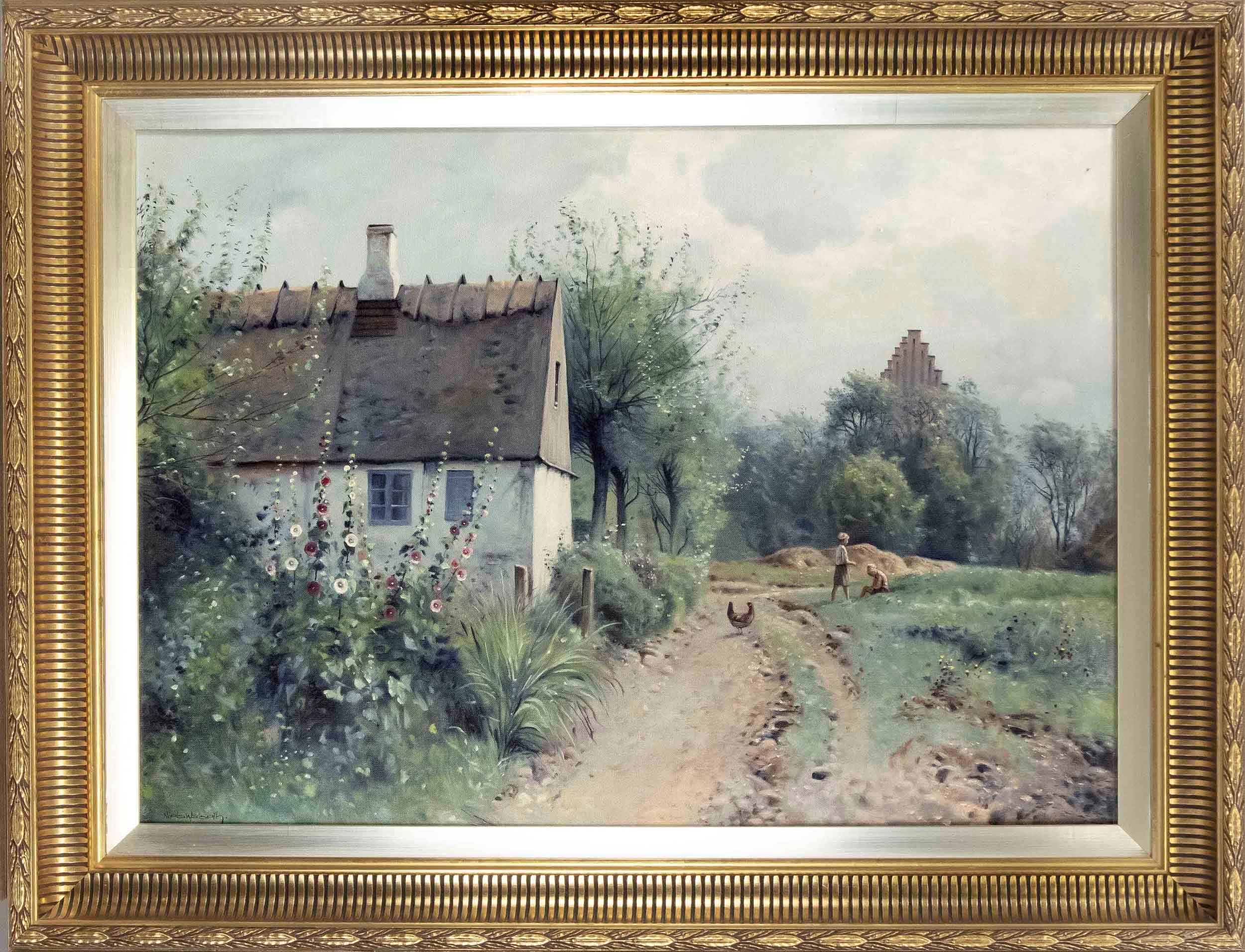 Country house with playing children in summer by Niels Walseth