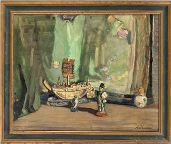 Chinoise still life with snuff bottle, two figures and legged junk - Alice Kindier