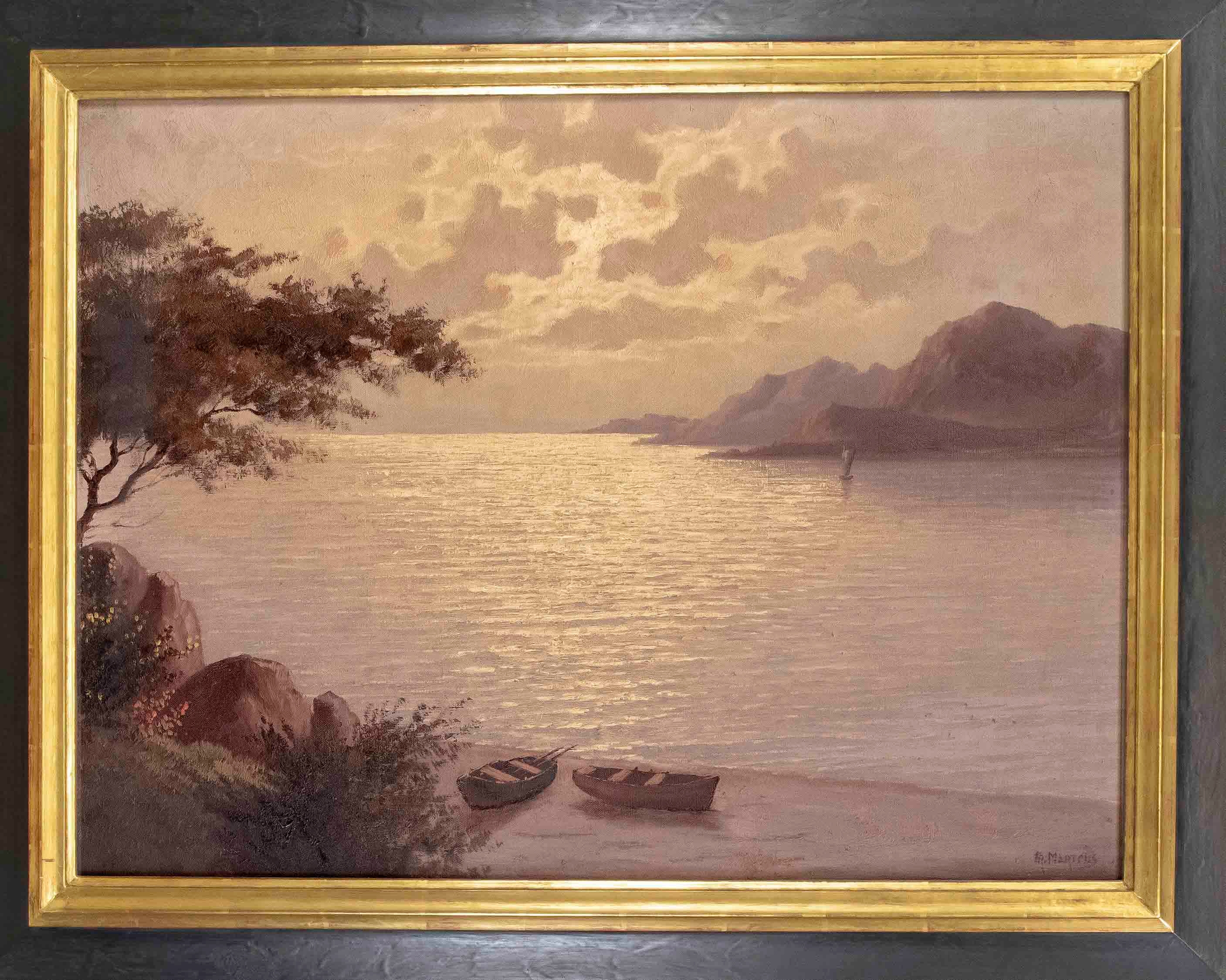 Artwork by Fr. Martens, Rocky coastal scene with boats, Made of oil on canvas