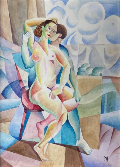 A stylized figure in a reclining pose set against an abstract, geometric background.