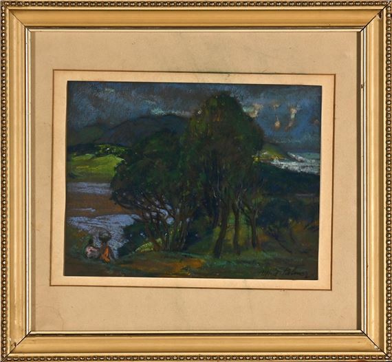 STAND OF TRESS ON A BAY WITH TWO FIGURES by Alfred Palmer