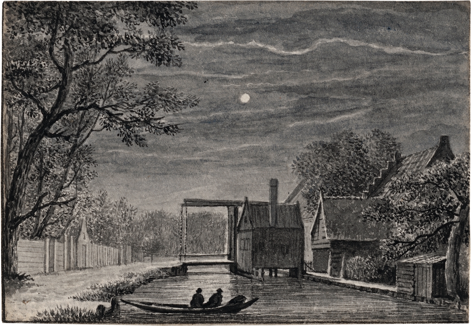 Artwork by Johannes de Bosch, Das Dorf Baambrugge in der Provinz Utrecht: Blick auf die Ziehbrücke bei Tag und bei Nach, Made of pen in black and gray, washed in gray and gray-brown, partly with watercolors.