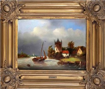 River landscape with sailing boat, tower and figure scenery - K. Ten Hagen
