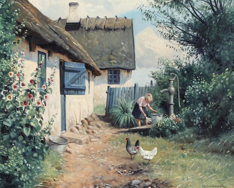 Farm exterior with a girl and chickens by Niels Walseth