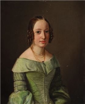 Portrait of a young woman with ringlets in a green dress - Johan Frederik Møller