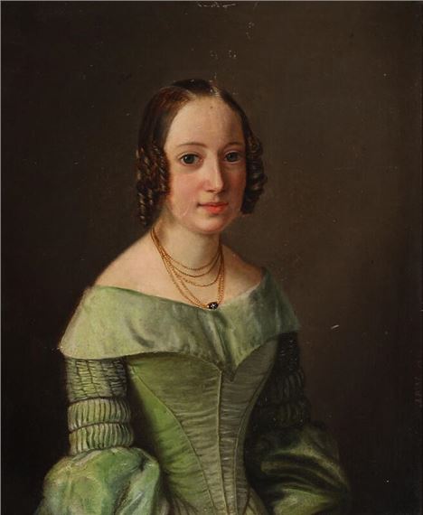 Portrait of a young woman with ringlets in a green dress - Johan Frederik Møller