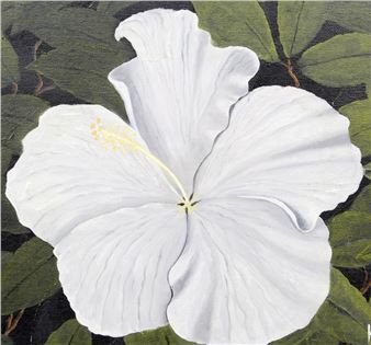 Kelvin Hair | White flower exuding the subtle texture of tropical Hibiscus,  with lush green backdrop | MutualArt