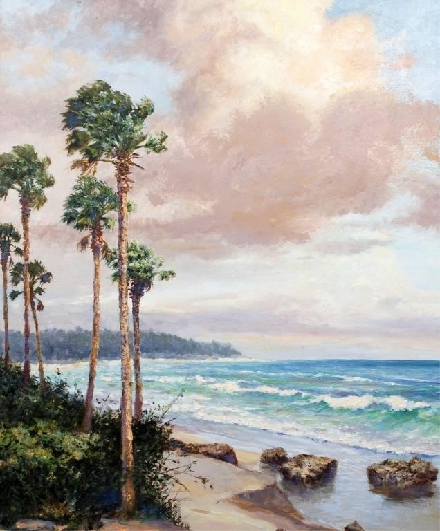 Artwork by James Frederick Hutchinson, Serene costal cove with rocks and a series of Palms creating a complex depth of field perspective, Made of Oil on Canvas
