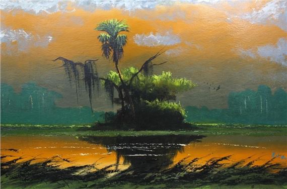 The sky lights up with golden tones as the day comes to a tranquil end by Alfred Hair