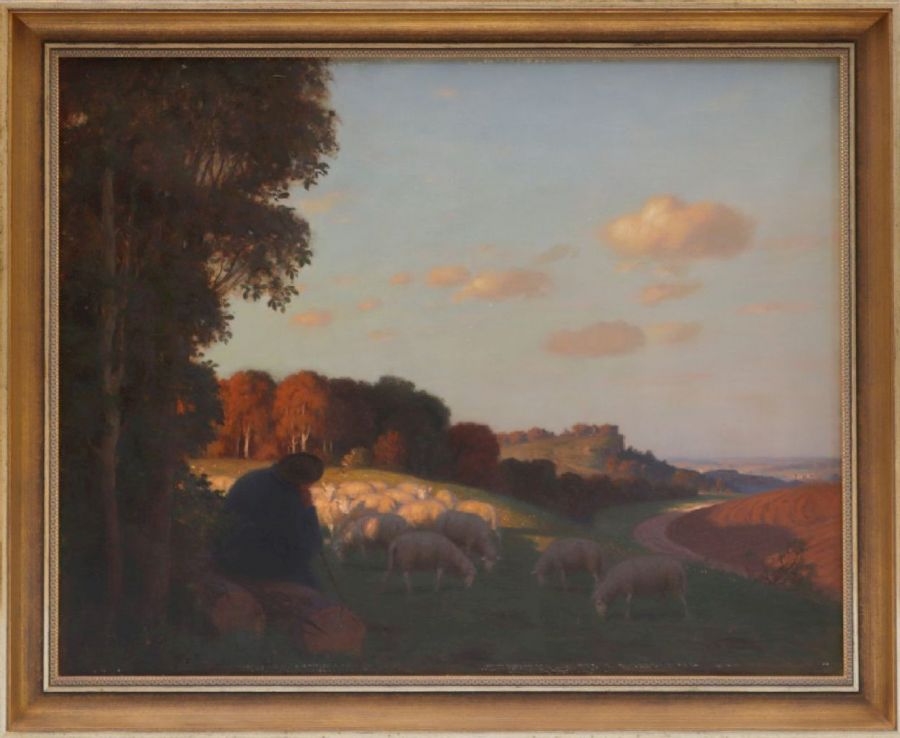 Artwork by Theodor Grätz, Rastender Hirte mit Schafsherde über sonnenrote, hügelige Landschaft blickend, Made of oil on canvas