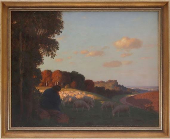 Rastender Hirte mit Schafsherde über sonnenrote, hügelige Landschaft blickend by Theodor Grätz