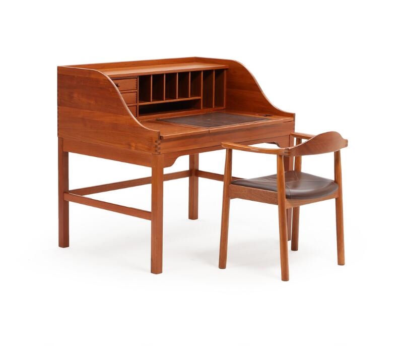 Artwork by Andreas Hansen, A free-standing teak writing desk and armchair, Made of brown leather