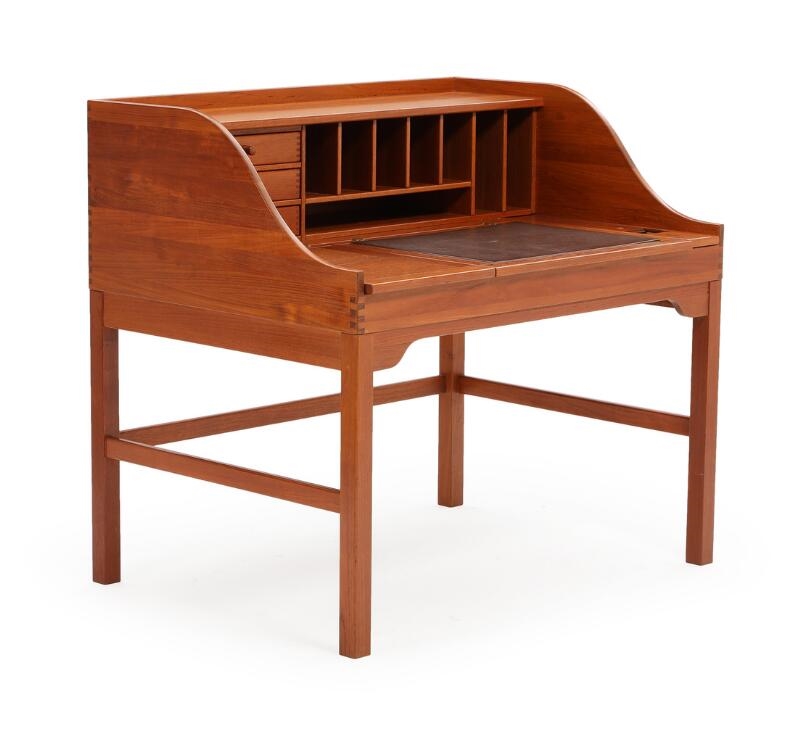 Artwork by Andreas Hansen, A free-standing teak writing desk and armchair, Made of brown leather