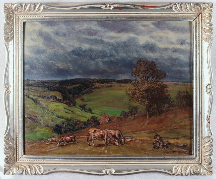 Artwork by Karel Schauer, Landscape with a cowherd boy, Made of oil, carton