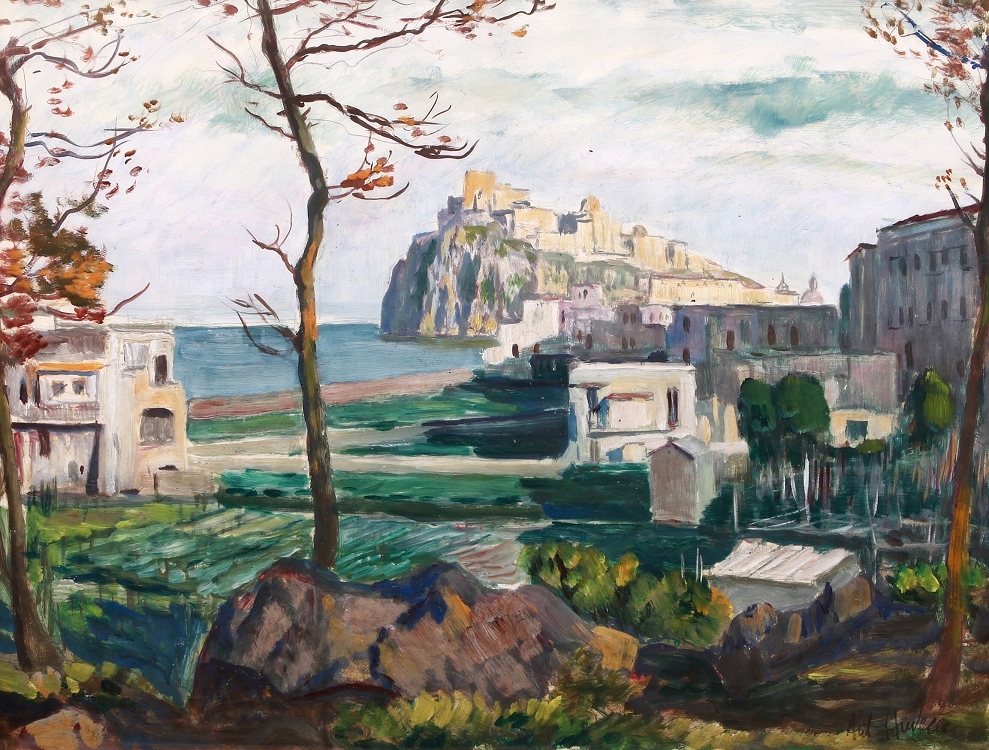 Artwork by Antonín Hudeček, ISCHIA - PONTE, ARAGONSKÝ HRAD, Made of Oil on cardboard