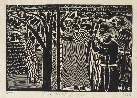 Judas Iscariot Betrayed Our Lord Jesus For R3.00 Without Asking Him by John Ndevasia Muafangejo, dated 1973