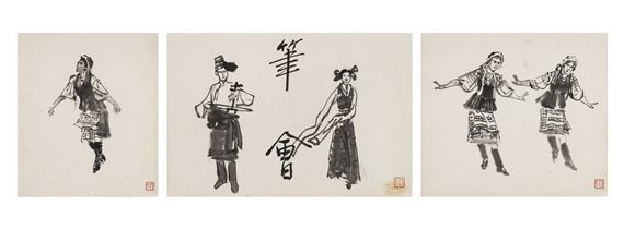 Two paintings of pen club and dancing figures by Ye Qianyu