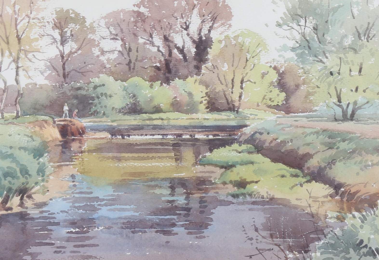 Artwork by Albert Houghton, a weir on the River Mole, Made of watercolour