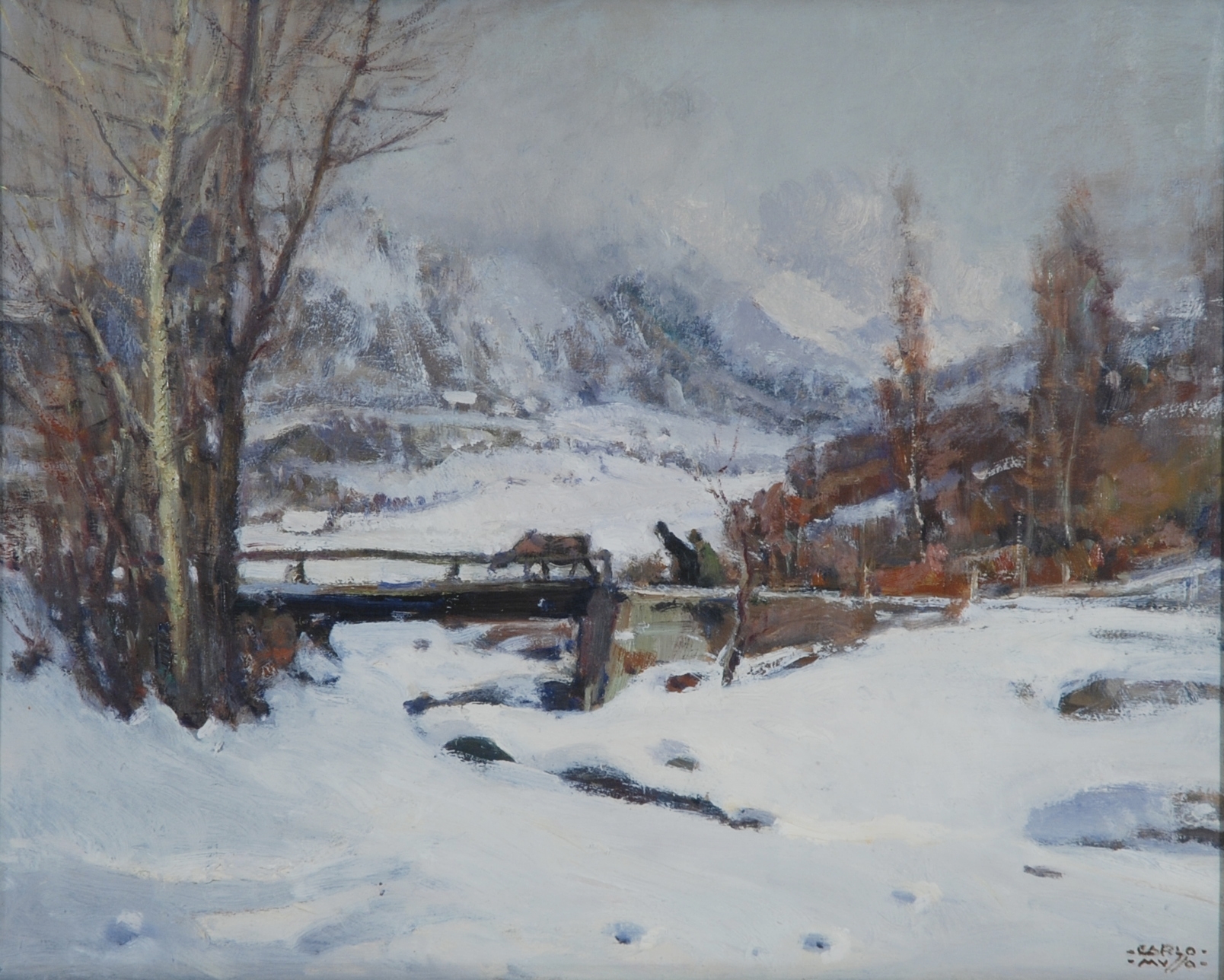 Artwork by Carlo Musso, Bardonecchia-Borgo vecchio innevato, Made of oil on plywood