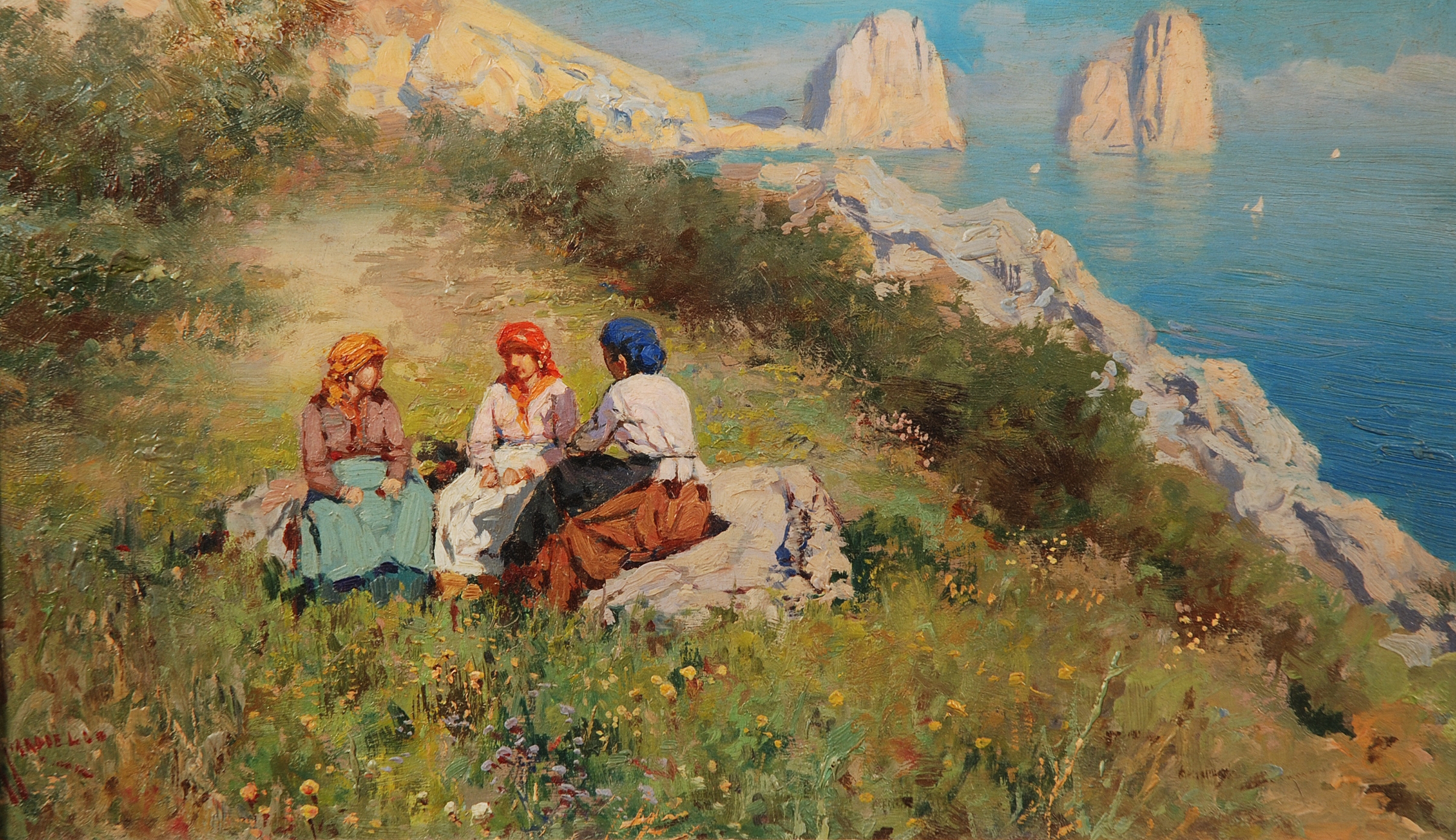 Artwork by Michele Ciardiello, "Scorcio di Capri con fanciulle e faraglioni sullo sfondo", Made of Oil on panel