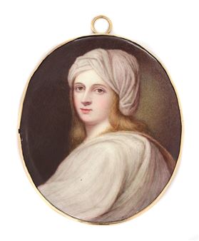 Portrait of The Lady Elizabeth Hamilton as Beatrice Cenci by Guido Reni (1575-1642) with long fair hair wearing a white turban and gown - William Bate