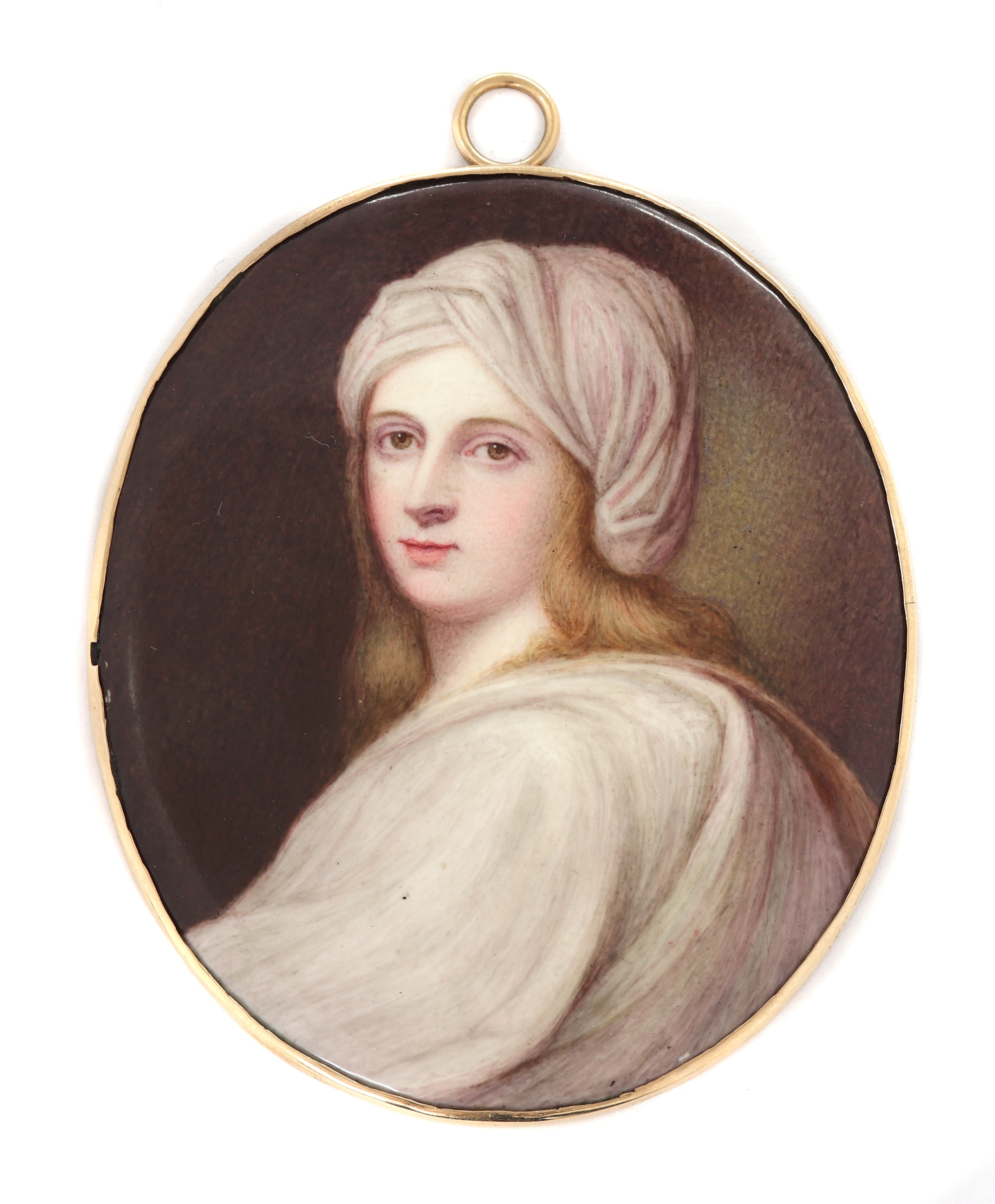 Artwork by William Bate, Portrait of The Lady Elizabeth Hamilton as Beatrice Cenci by Guido Reni (1575-1642) with long fair hair wearing a white turban and gown, Made of enamel on copper