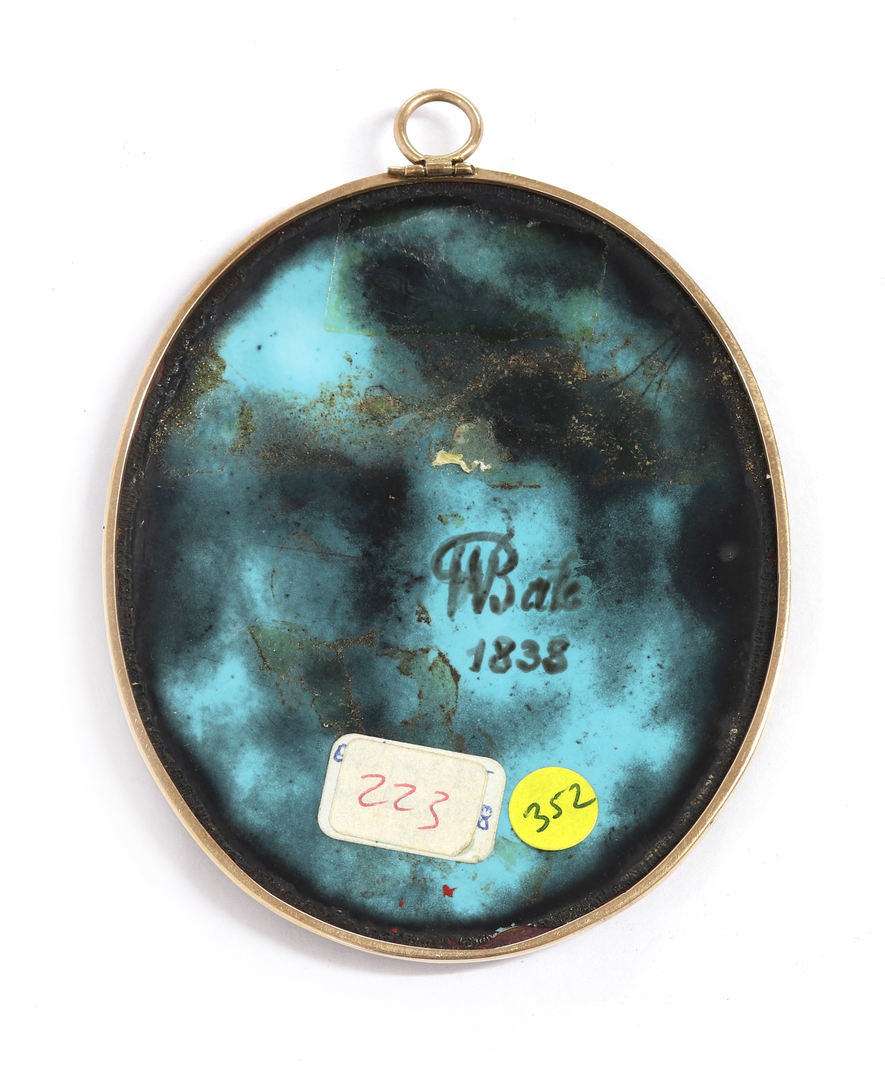 Artwork by William Bate, Portrait of The Lady Elizabeth Hamilton as Beatrice Cenci by Guido Reni (1575-1642) with long fair hair wearing a white turban and gown, Made of enamel on copper