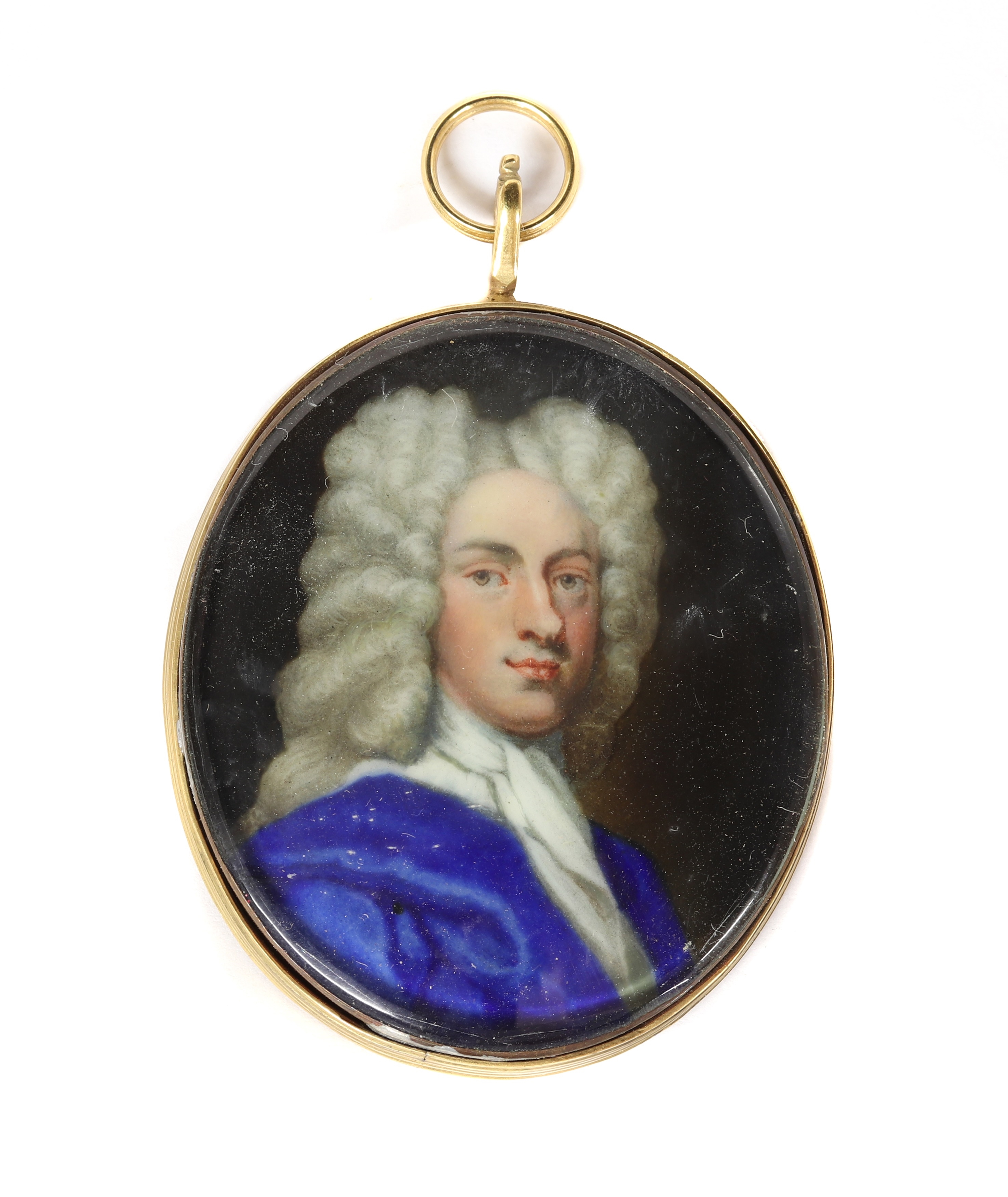 Artwork by Abraham Seaman, Portrait of a gentleman in a long grey curled wig blue cloak and white stock, Made of enamel on copper