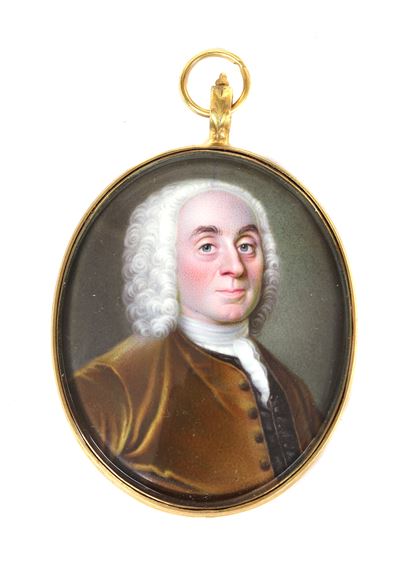 Portrait of the Hon. Sackville Hamilton in a grey curled wig brown coat black waistcoat and white stock by Abraham Seaman