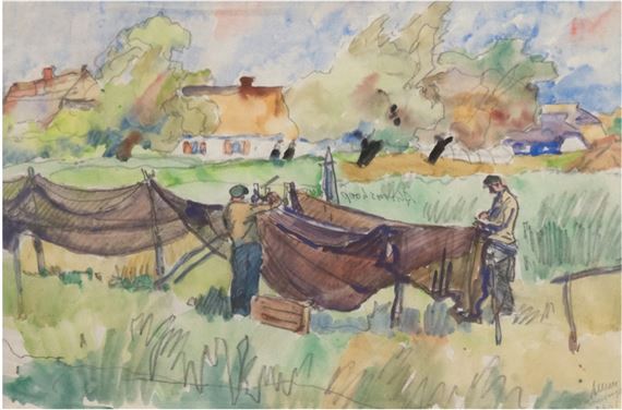 Fischer beim Aufhängen der Netze by Rudolf Allner, 1948