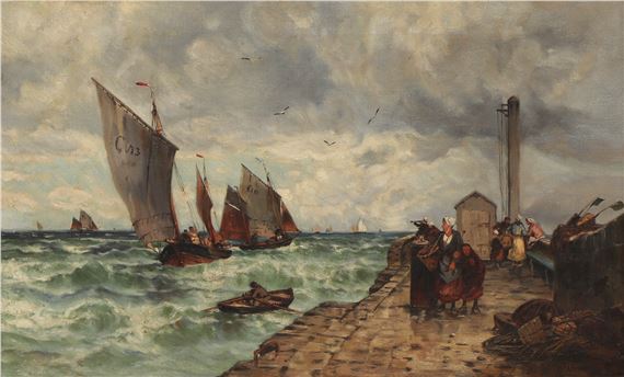 Figures on a jetty with fishing boats returning by William Meadows