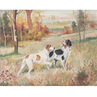Two hunting dogs with woods and lake in background. - H. Irvine