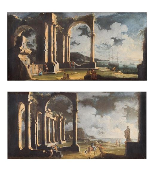 Capriccio di rovine antiche presso un’insenatura con astanti e uomo a cavallo; Capriccio architettonico con fontana e navi sullo sfondo by Gennaro Greco