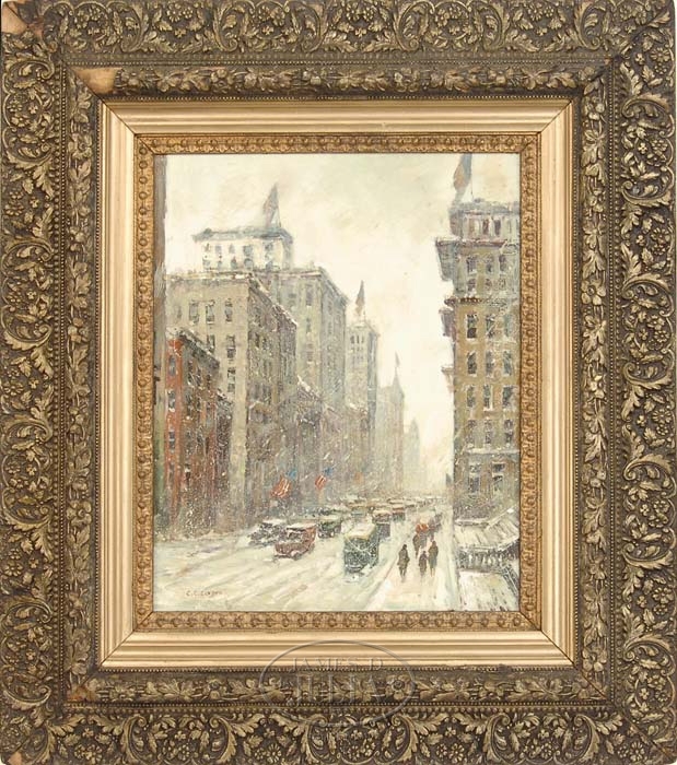 Artwork by Colin Campbell Cooper, NEW YORK WINTER STREET SCENE, Made of Oil on panel