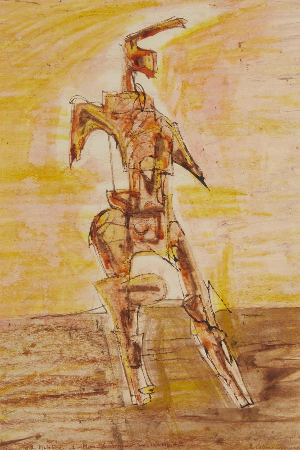 Artwork by Colin Spencer, "Images of Mutation - Man & Armour - Warrior I,", Made of ink on paper under glass