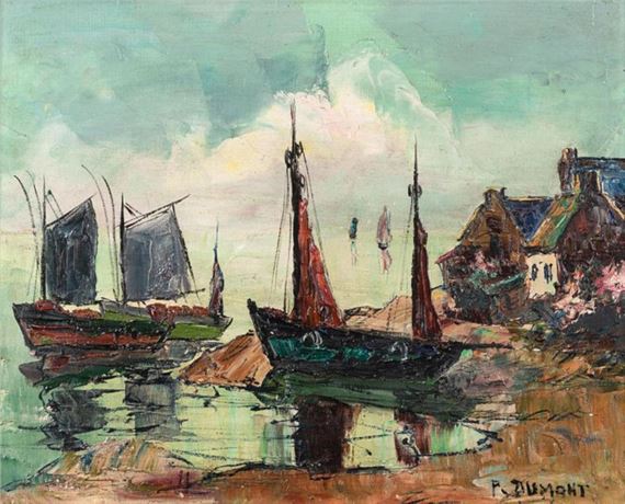 A colorful painting of boats in a harbor with houses on the shore.